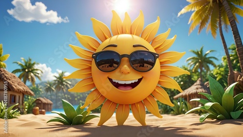 Smiling Sun Character Wearing Sunglasses on a Tropical Beach Vacation