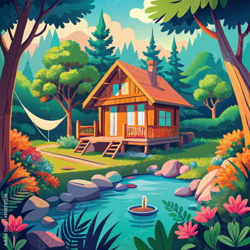 a cartoon house in the woods with a pond and trees.