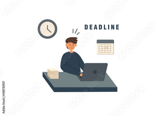 Worried man rushing to meet deadline on computer. Suitable for stress, work, pressure, time management concepts in business or education.