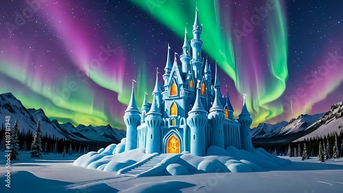 Snowy Castle Under Aurora Borealis with Winter Mountain Landscape View