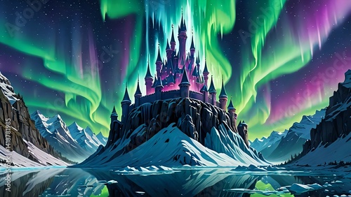 Snowy Castle Under Northern Lights Reflection in Water During Winter Night
