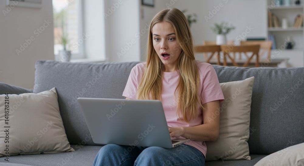 Surprised woman using laptop at home on a cozy sofa  