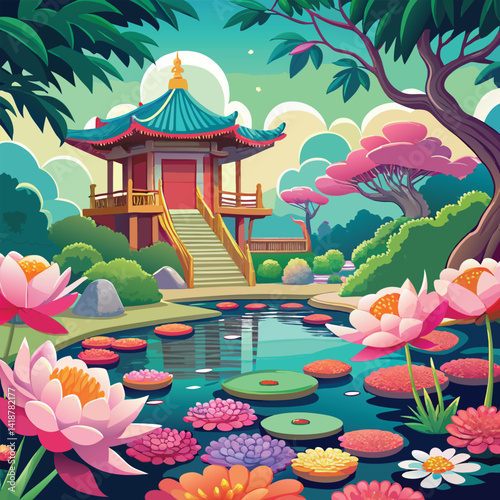 japanese garden with flowers