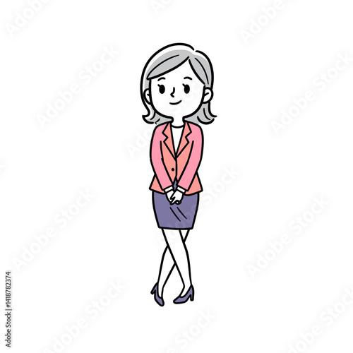 Confident female candidate standing with crossed legs in office setting  