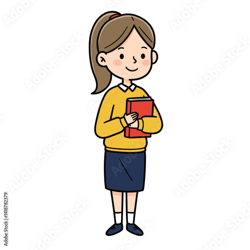 Smiling schoolgirl holding a book in a cheerful setting  