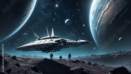 Spaceship Landing on Distant Planet with Astronauts in Cosmic Landscape