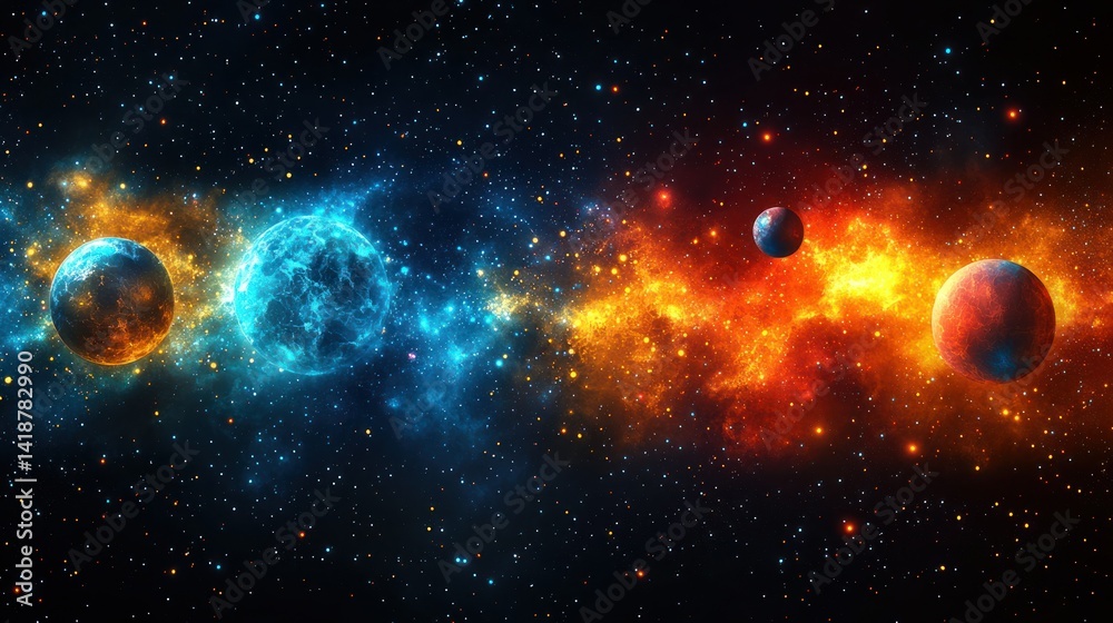 Obraz premium Cosmic clash of celestial bodies. A vibrant display of planets and nebulas in a fiery and icy cosmic ballet