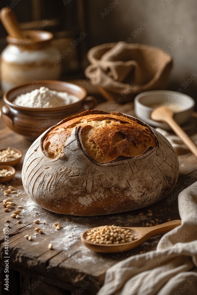 Artisan Sourdough Bread Loaf Displayed on Rustic Wooden Table with Grains Artisan Sourdough Bread Loaf Displayed on Rustic Wooden Table with Grains