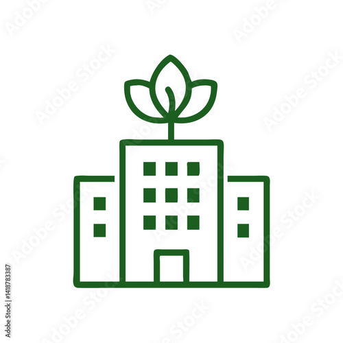 Green building with eco leaf on roof line icon