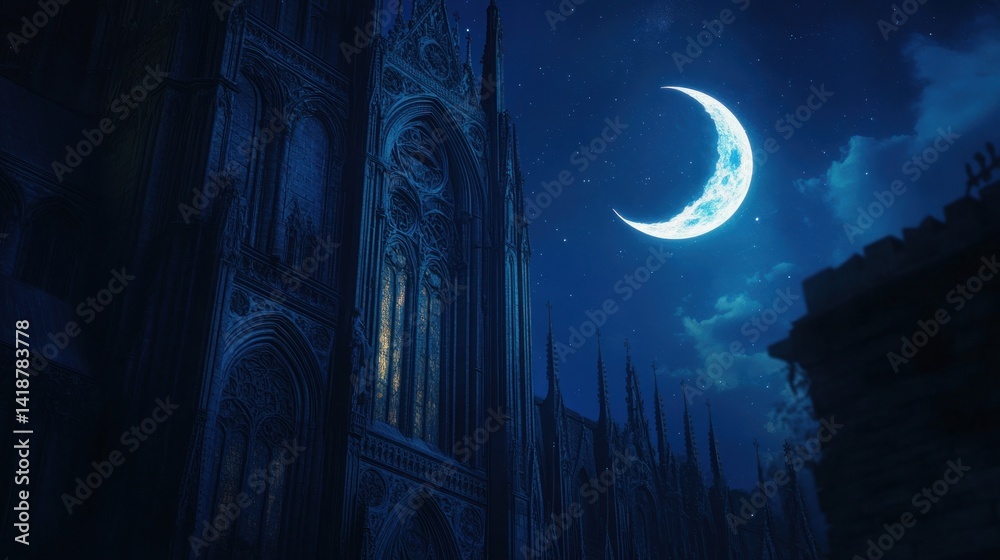 Obraz premium Gothic Cathedral Under Crescent Moon: A Nighttime Architectural Marvel