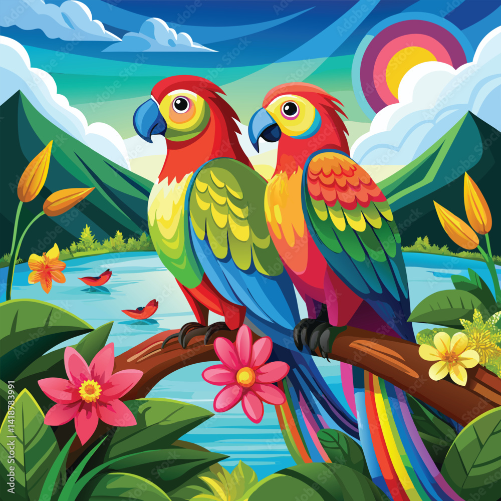 Fototapeta premium full length airbrush painting of a two love parrot.
