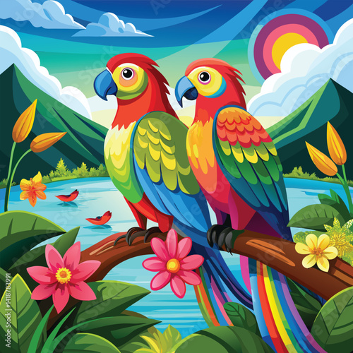 full length airbrush painting of a two love parrot.