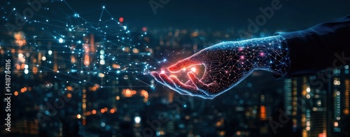 Futuristic digital hand interacting with glowing network in cyberpunk city with blue tones and cinematic lighting