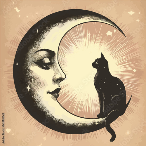 Mystic Moon & Cat: A Vintage Occult Dreamscape