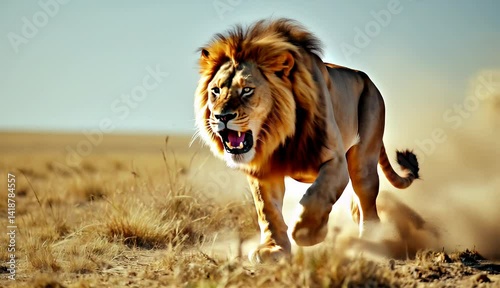 A powerful lion running through the savanna kicking up dust.