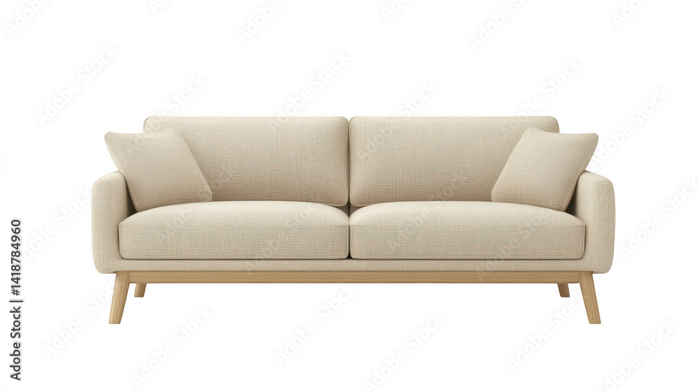 Beige sofa, back view of comfortable furniture with wooden frame for cozy living room Beige sofa, back view of comfortable furniture with wooden frame for cozy living room