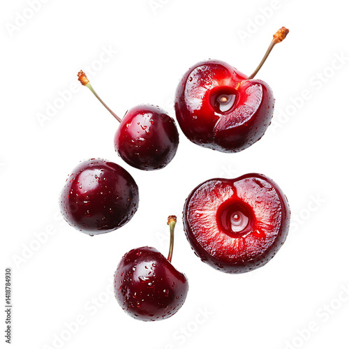 Cherry with half slice falling and floating png 