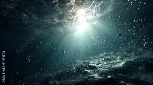 Sunbeams piercing dark underwater depths
