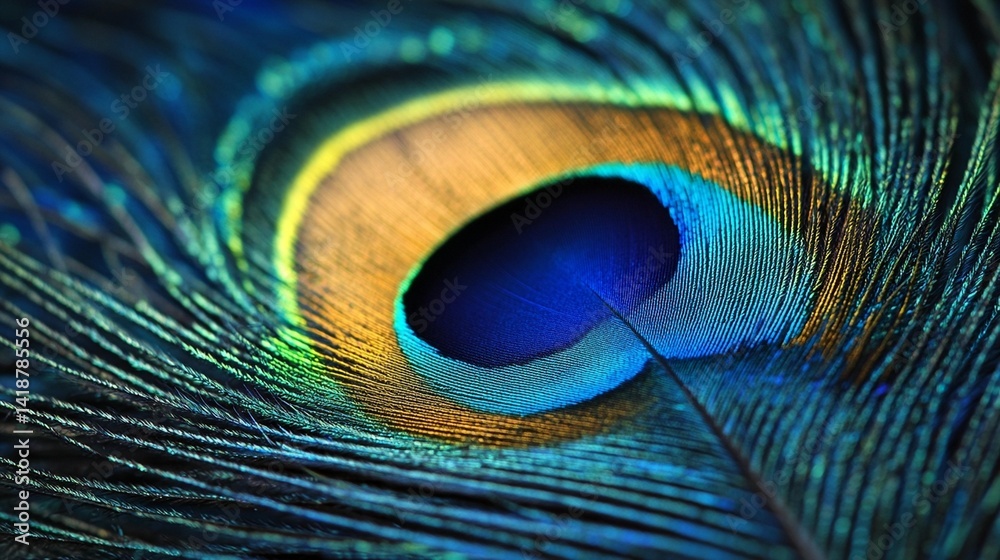 Naklejka premium Close-up of a vibrant peacock feather, showcasing its iridescent blues, greens, and golds.