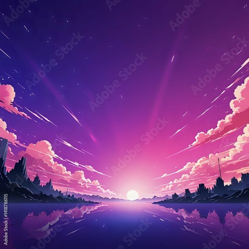 Sunset Reflection on Calm Water with Pink Clouds and Shooting Stars