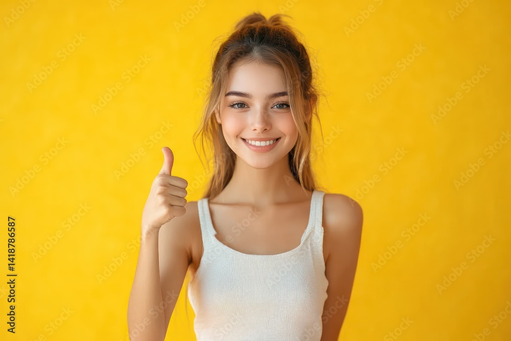 Confident young Asian woman in white shirt giving thumbs up on yellow background smiling casual modern style Confident young Asian woman in white shirt giving thumbs up on yellow background smiling casual modern style