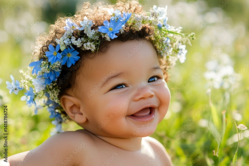 Sunny daylight. Smiling mixed-race infant boy with tt hair wearing blue flower crown on his head. Happy holiday season holidays visual idea. Playful child in a flower paradise. Sunny daylight. Smiling mixed-race infant boy with tt hair wearing blue flower crown on his head. Happy holiday season holidays visual idea. Playful child in a flower paradise.