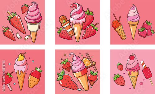 Strawberry ice cream vibrant colorful illustration vector art set design