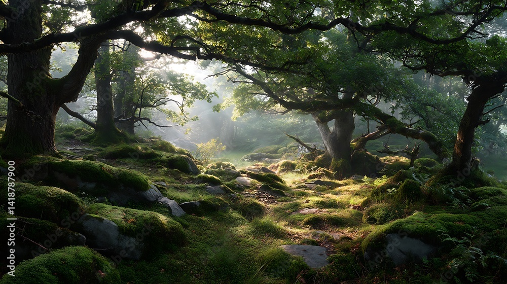 Fototapeta premium Sunlight filtering through misty woodland