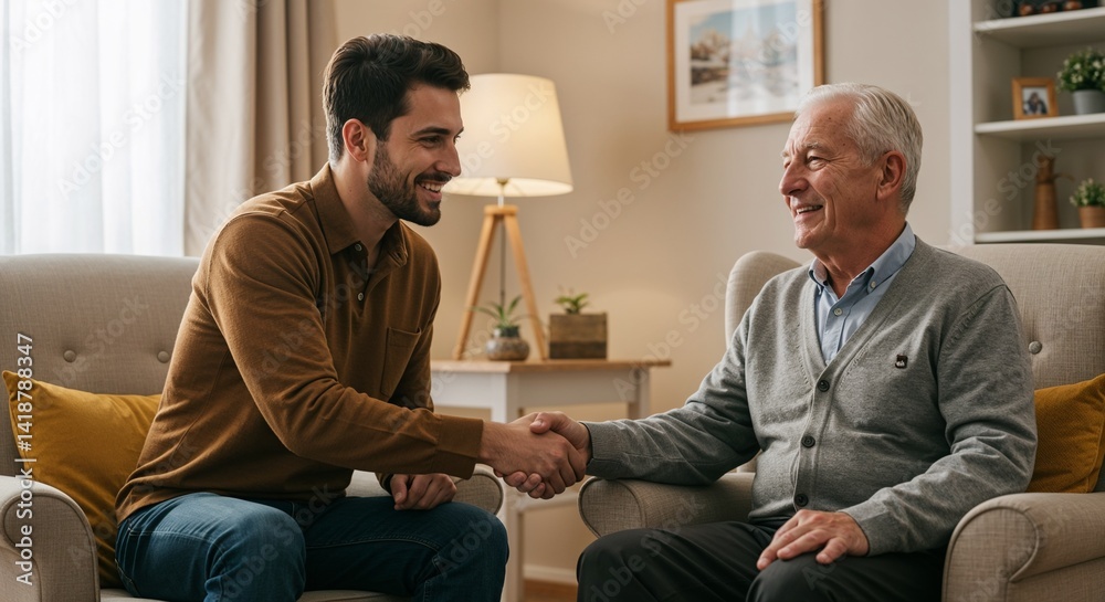 Fototapeta premium Connecting Generations: Two Men Shaking Hands in a Cozy Living Room 