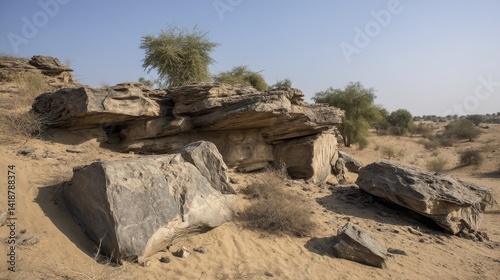 Ancient weathered rocks jut out from the shifting sands of the Indian desert - geography texture barren travel