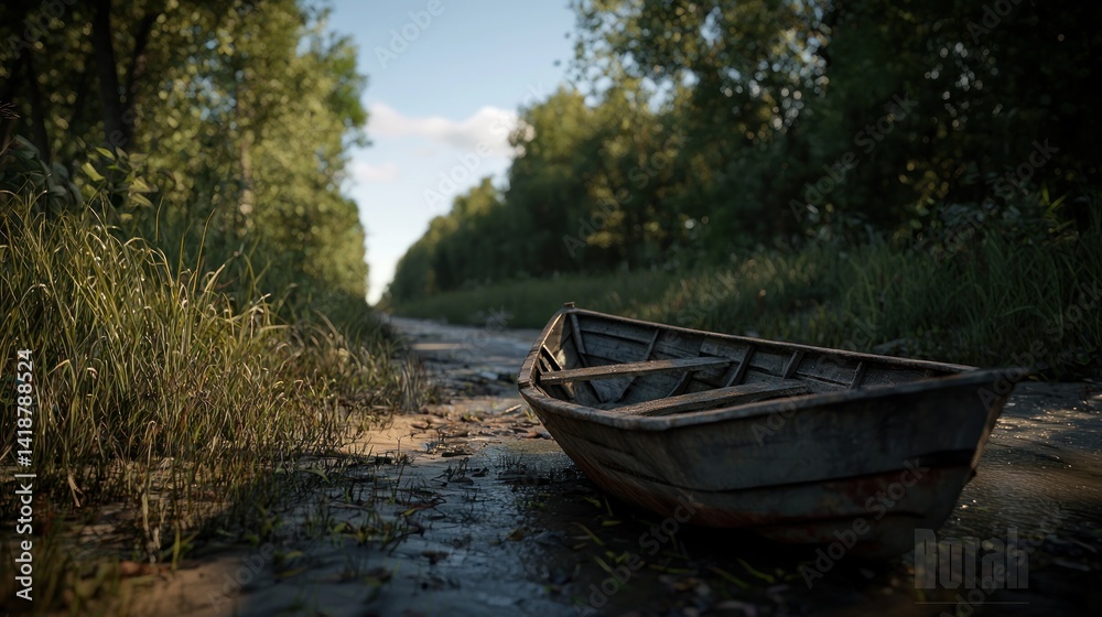 Abandoned wooden boat on a muddy path through forest Abandoned wooden boat on a muddy path through forest