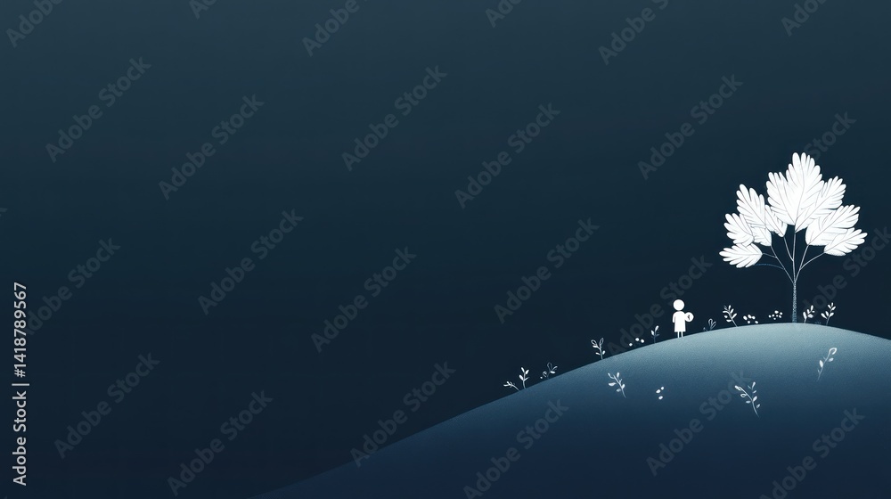 Naklejka premium Abstract figures walk to tree on hill under dark blue sky with flowers blooming