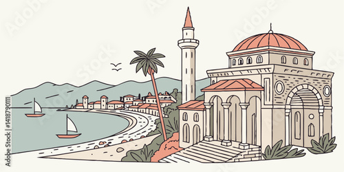 Antalya skyline silhouette vector featuring Hadrian’s Gate, Yivli Minaret Mosque, Taurus Mountains, and harbor views. Perfect for beach, history, and Turkish vibes.