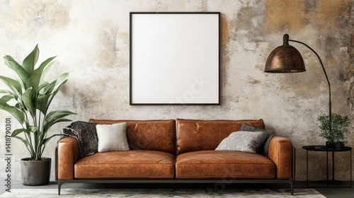 Modern living room with brown leather sofa and blank frame