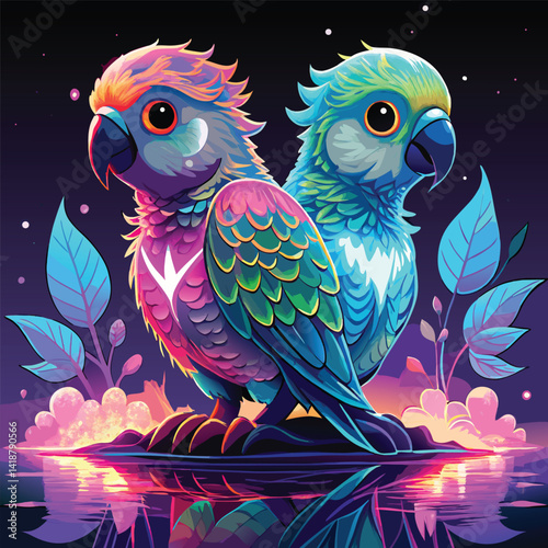 two adorable baby parrots drawn luminous translucid.