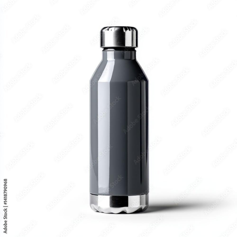 Isolated gray bottle with silver cap and base on a plain white background view Isolated gray bottle with silver cap and base on a plain white background view