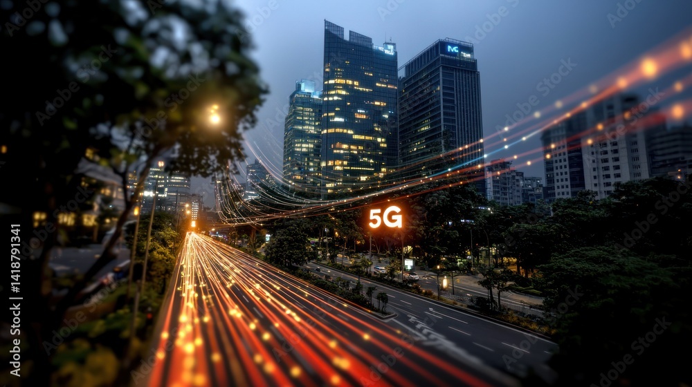Fototapeta premium Cityscape at Night with 5G Technology, Fast Traffic, and Modern Buildings