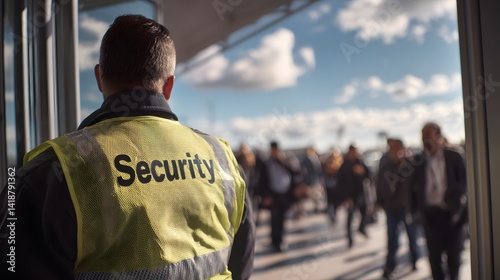 Security guard in yellow vest monitors travelers walking into the terminal under bright daylight. Blurred crowd moves past as safety checks continue.