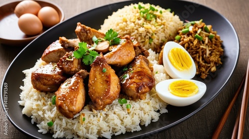 A delicious plate of glazed chicken drumsticks, fragrant fried rice, and sliced boiled eggs garnished with fresh herbs on a wooden table