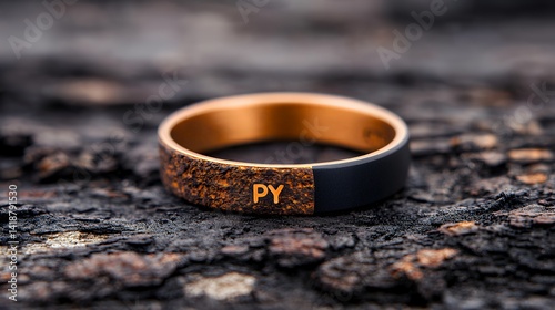 Copper and black ring with initials py on wood