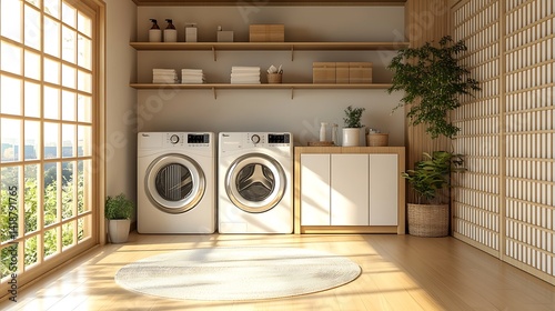 A simple laundry room with two washing machines, white cabinets on the wall, and wooden floors, with white walls in a Japanese style, a beige carpet on top