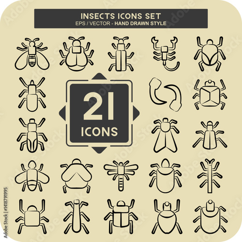 Icon Set Insects. related to Education symbol. hand drawn style. design editable