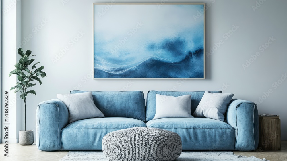 Fototapeta premium Light blue modern living room interior design with artwork