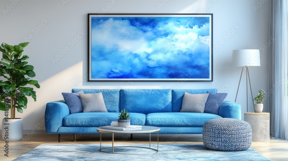 Fototapeta premium A bright living room featuring a comfortable blue couch