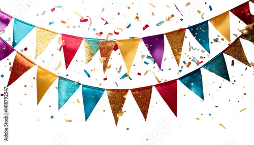 party streamers and confetti, Happy birthday celebration stickers isolated on transparent background 