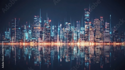 Wallpaper Mural Futuristic city skyline at night, reflected on water, with vibrant digital lights Torontodigital.ca
