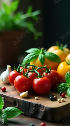 Fresh vine-ripened red and yellow cherry tomatoes with basil leaves on a wooden cutting board, surrounded by peppercorns and herbs