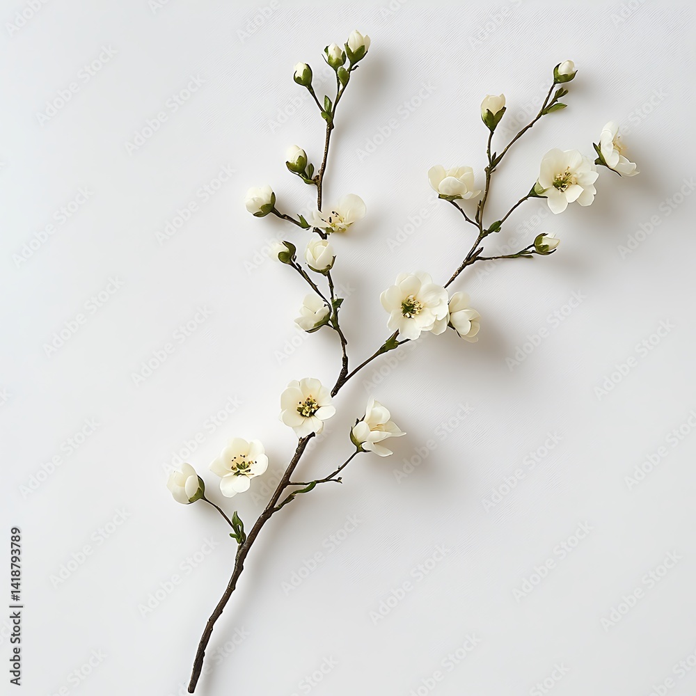 A single, straight branch of white flowers with small buds and blossoms at the end against a pure white background. A single, straight branch of white flowers with small buds and blossoms at the end against a pure white background.