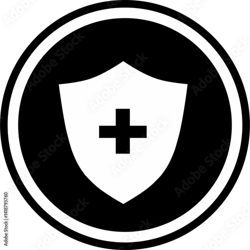White Health protection shield inside black circle. Icon for design