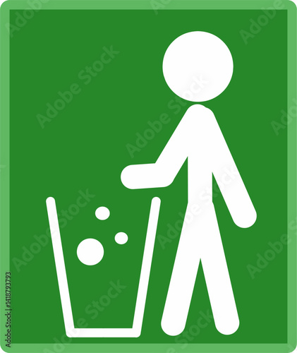 Tidy stick man in green background and  frame symbol, don't trash icon, keep clean, throw away careful and simple flat symbol for website, mobile, logo, app, UI. Perfect for go green campaign.	
